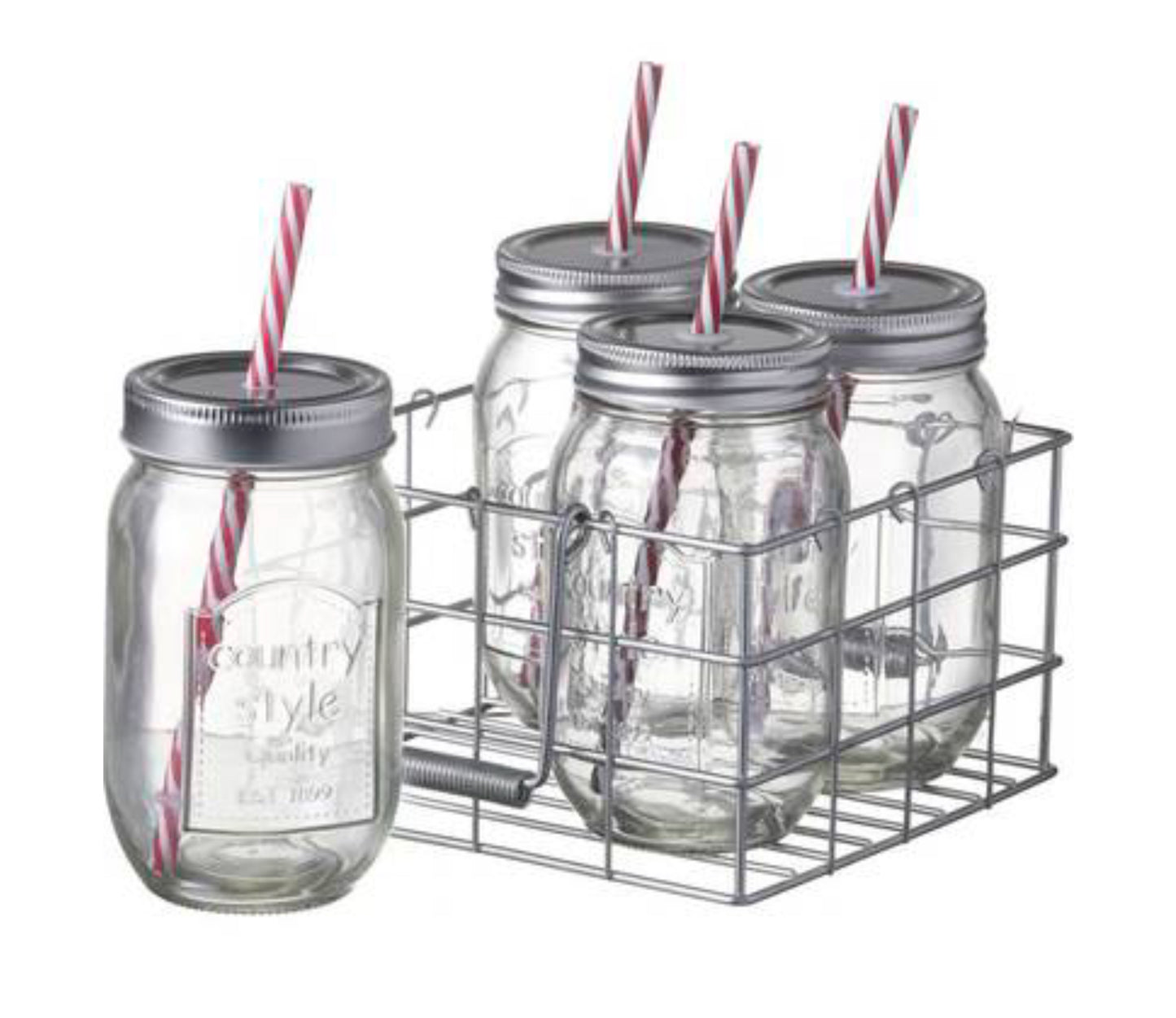 Glass lidded jars embossed with a country style quality text on the side with red and white stripe straws
