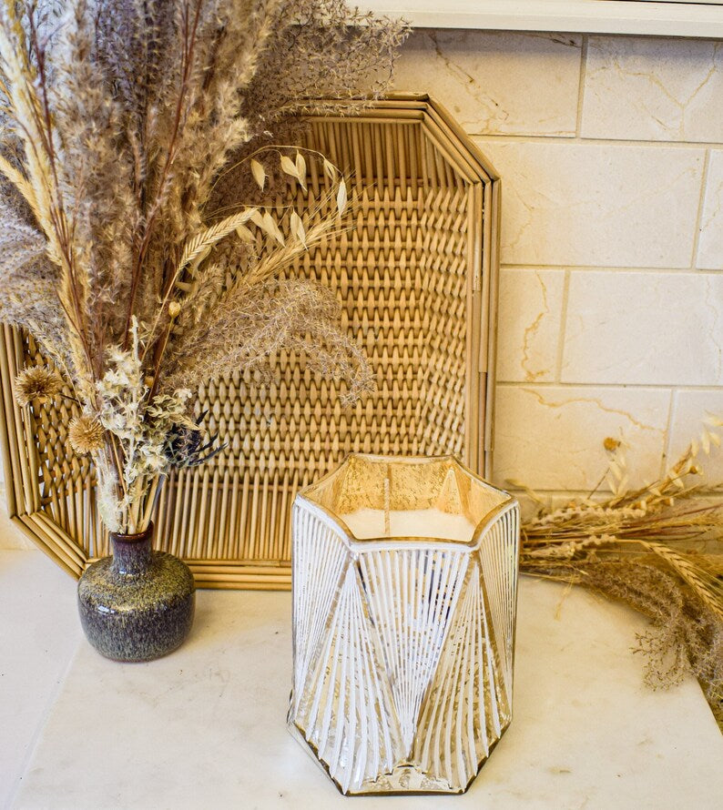 Gold Ribbed Glass Deco Candle Holder