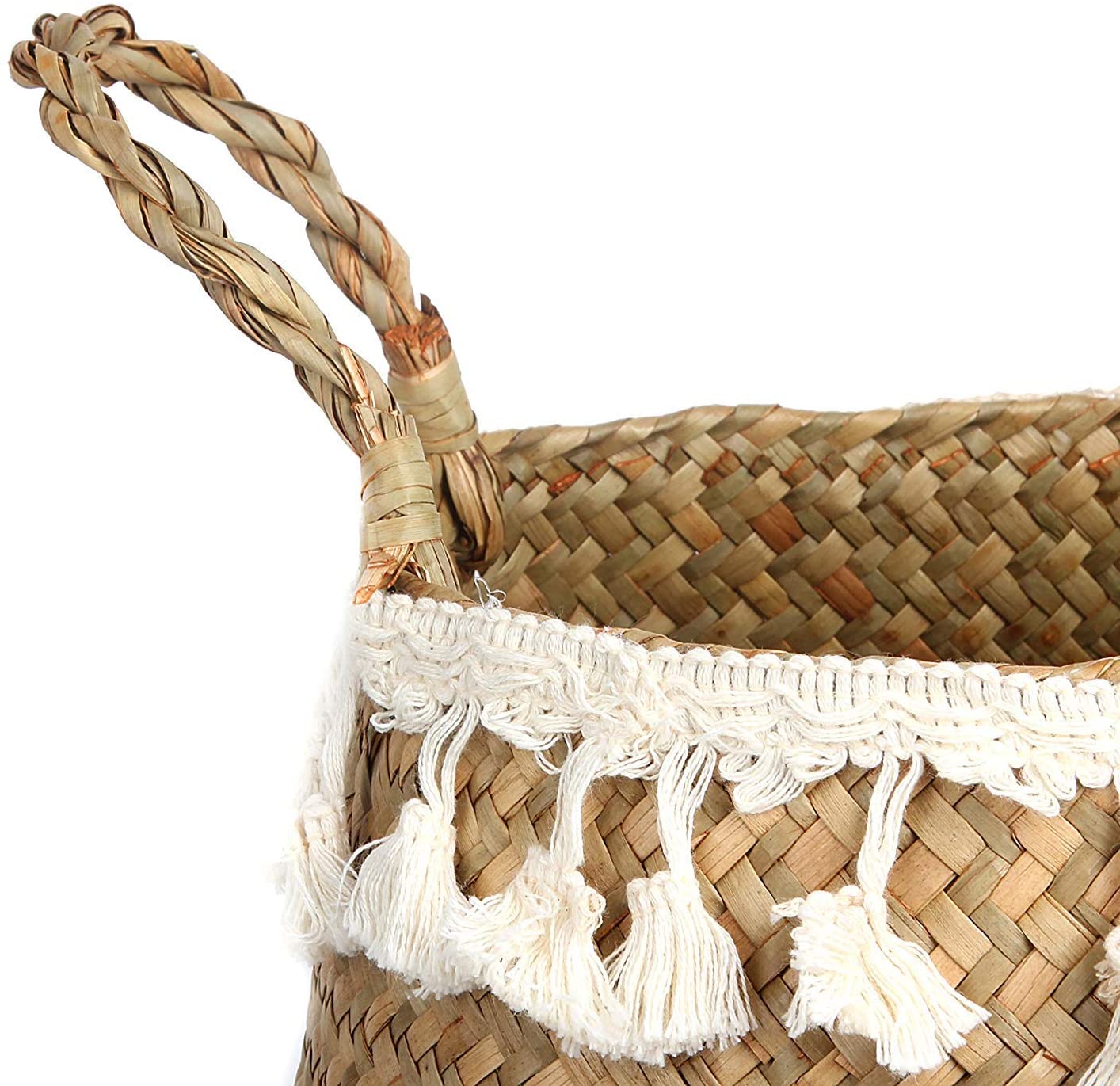 Natural Woven Seagrass Belly Basket With White Tassels