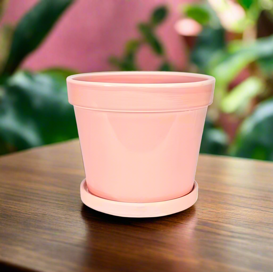 Pink Stoneware Pot with Saucer