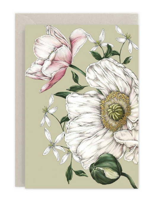 Spring Blossom Green Greeting card a white Icelandic Poppy and pink hellebore against an olive green background.