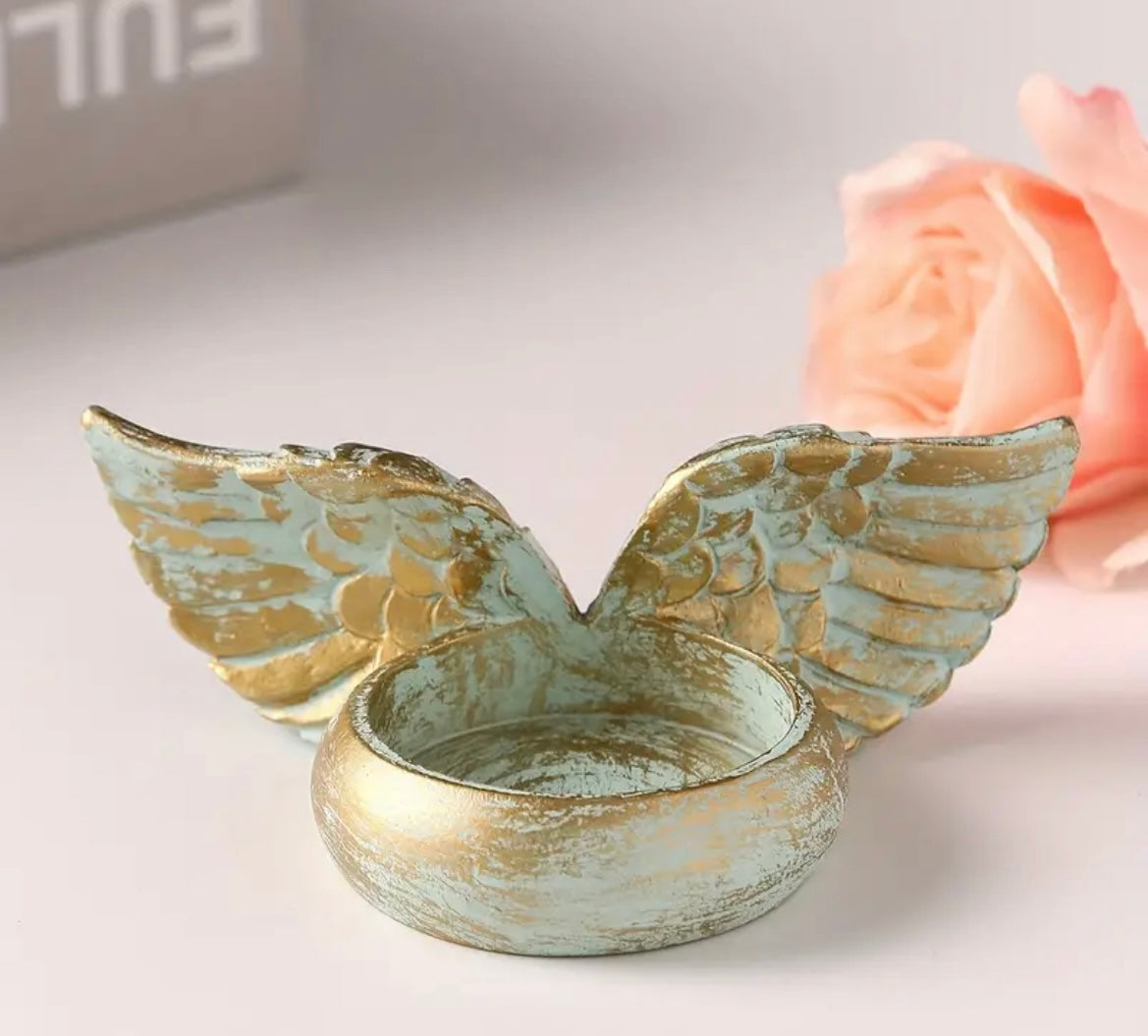 Gold verdigris Angel wings tealight holder