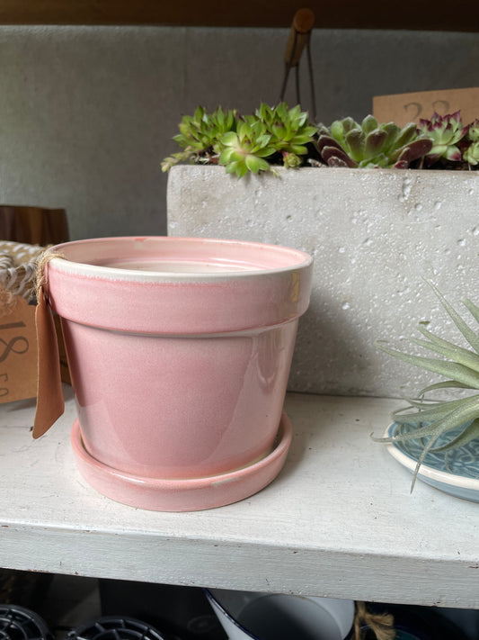 Pink Stoneware Pot with Saucer