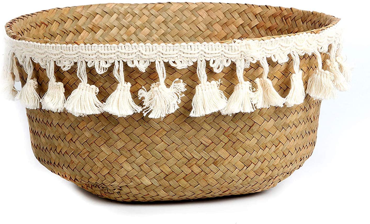 Natural Woven Seagrass Belly Basket With White Tassels
