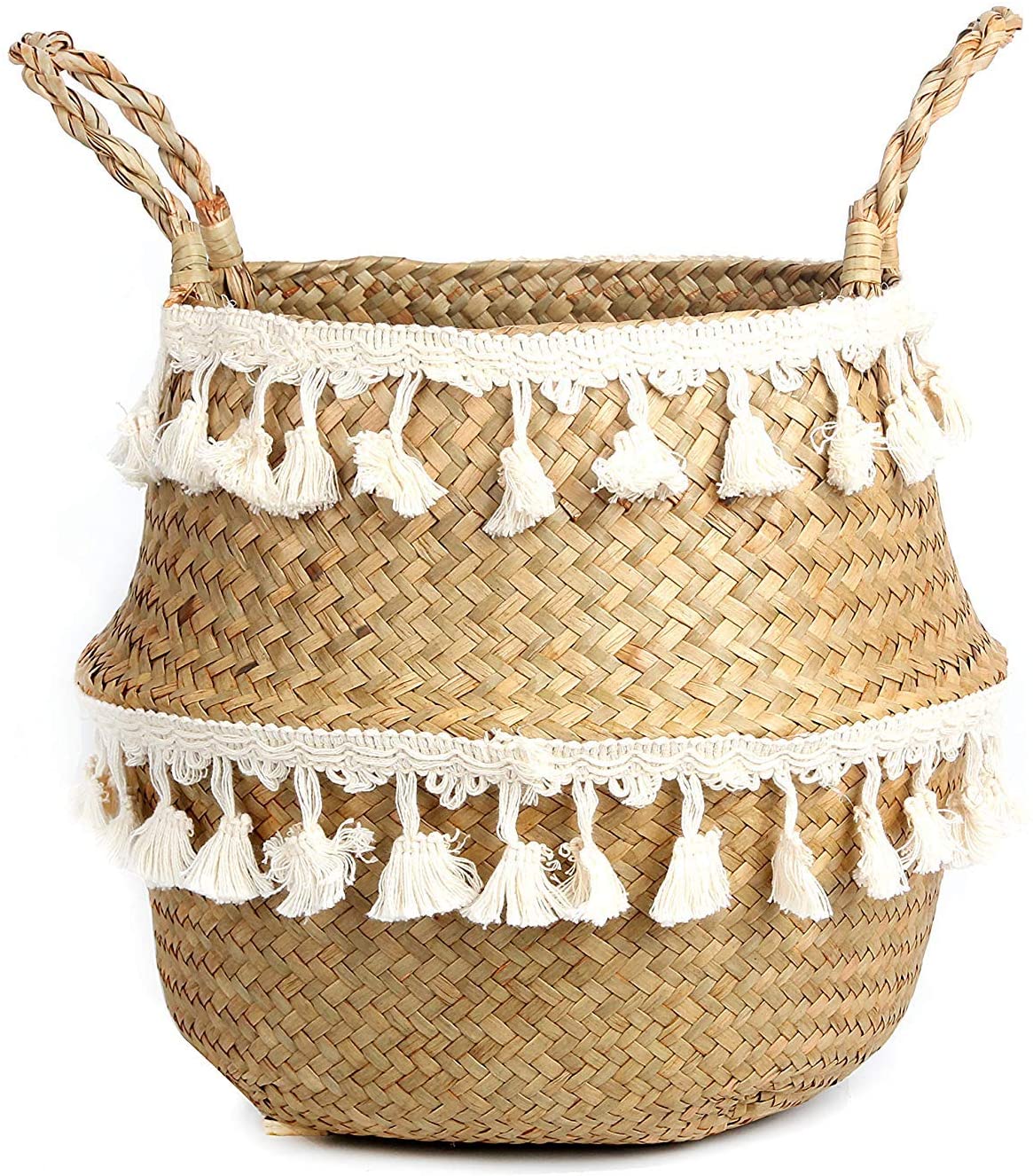 Natural Woven Seagrass Belly Basket With White Tassels