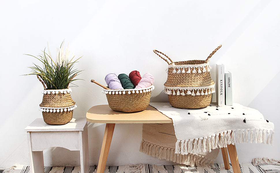 Natural Woven Seagrass Belly Basket With White Tassels