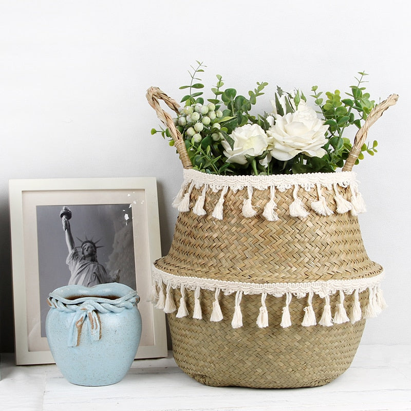 Natural Woven Seagrass Belly Basket With White Tassels