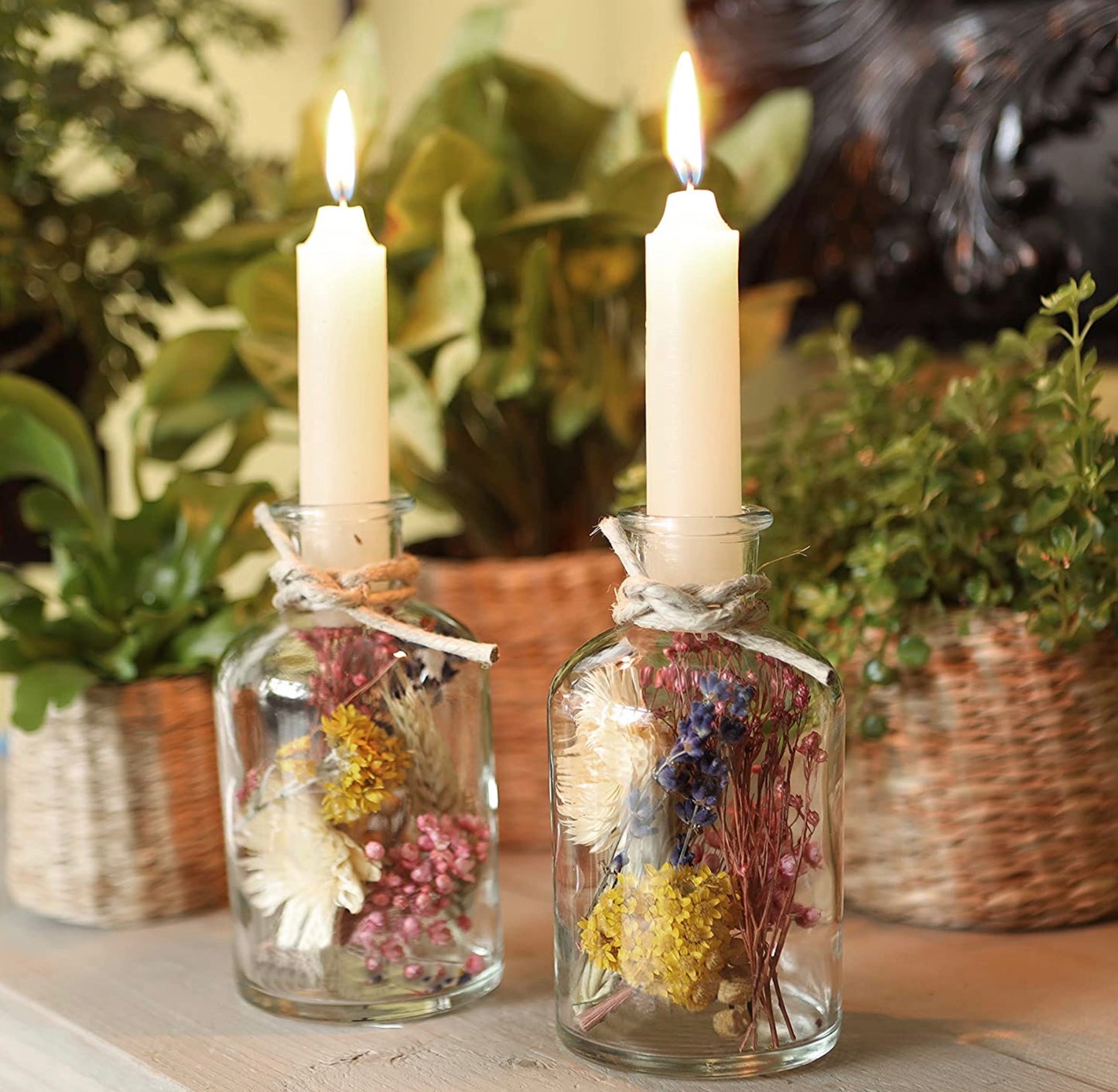 Glass Bottle Dried Flower Candle Holder